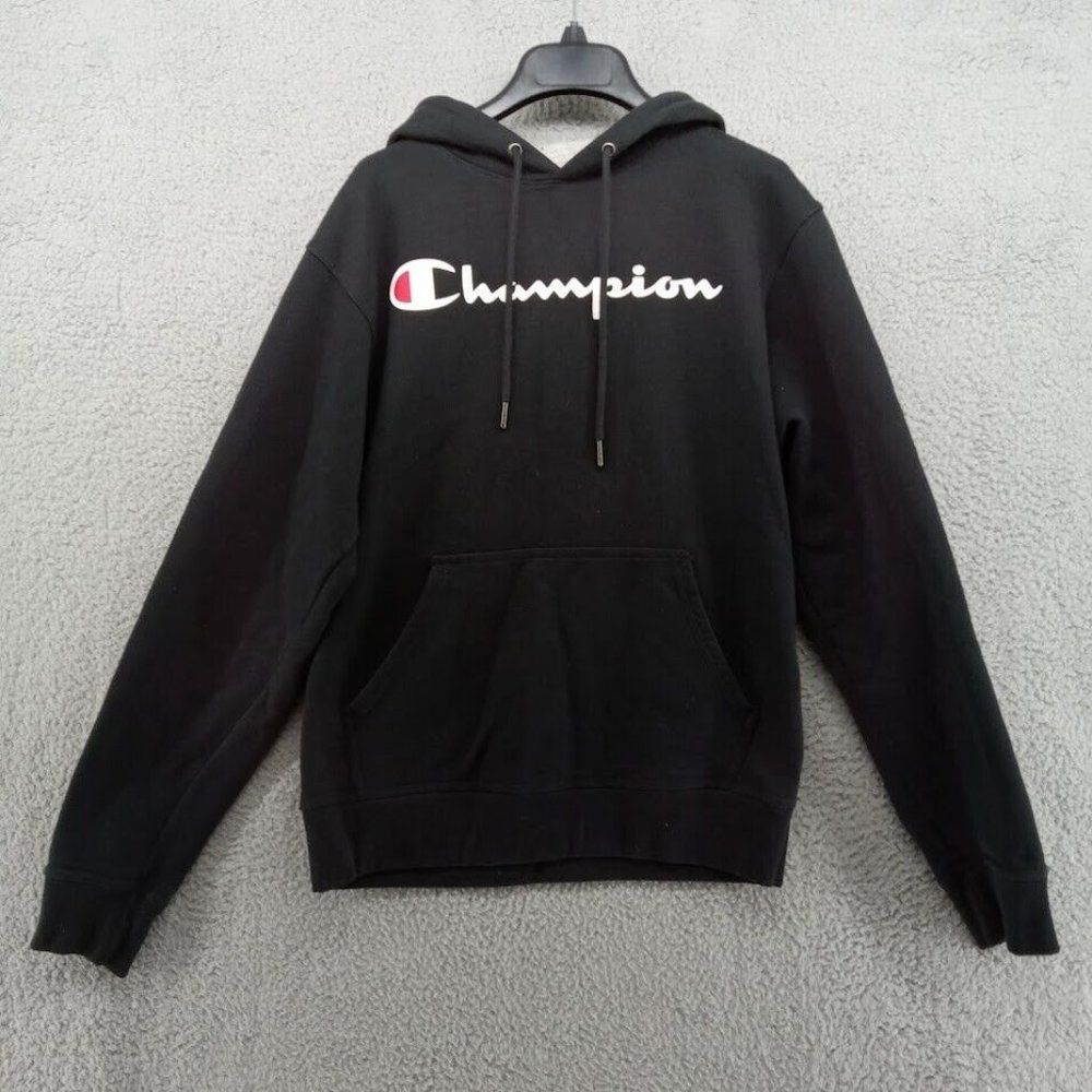 Champion Hoodie Mens Small Black Long Sleeve Pullover Hooded Sweatshirt Logo